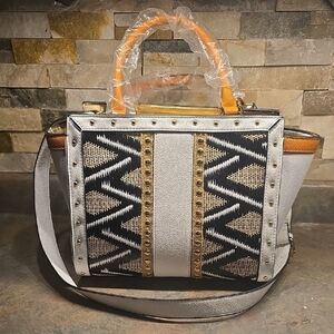 VENUS Black and White Satchel with Gold Accents